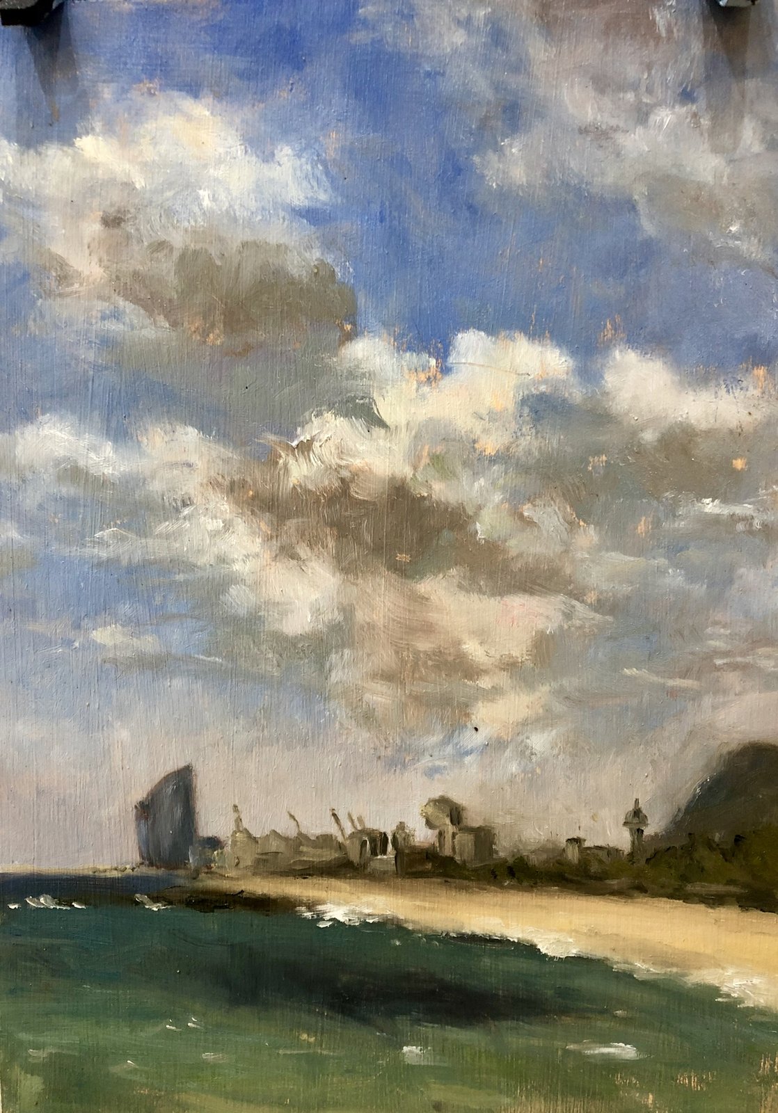 A coastal town seen across the water, under a large cloud, painted in oil on panel