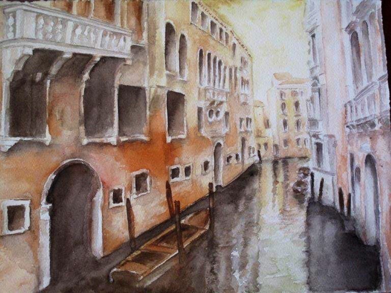 Watercolor of a Venice canal lined with ochre buildings and a moored gondola