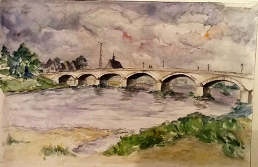 Watercolor of a stone bridge crossing a wide river under a cloudy sky