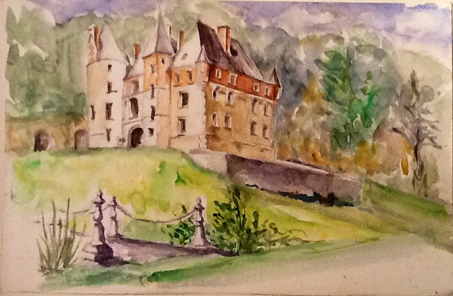 Watercolor of a French château on a hill, seen past an iron railing and lawn