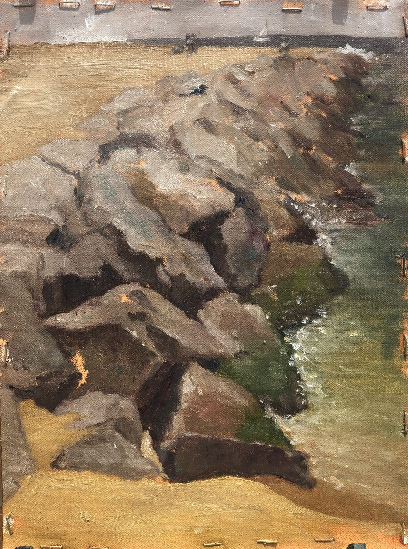 Rocky coastline meeting the sea, painted in oil