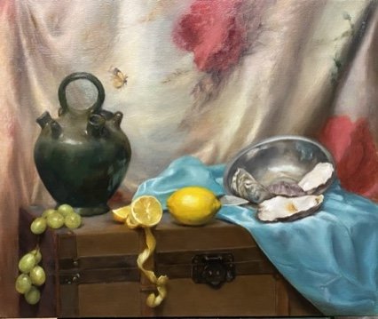 Still life with a green jug, grapes, lemon, and oysters on a silver plate, on a blue cloth
