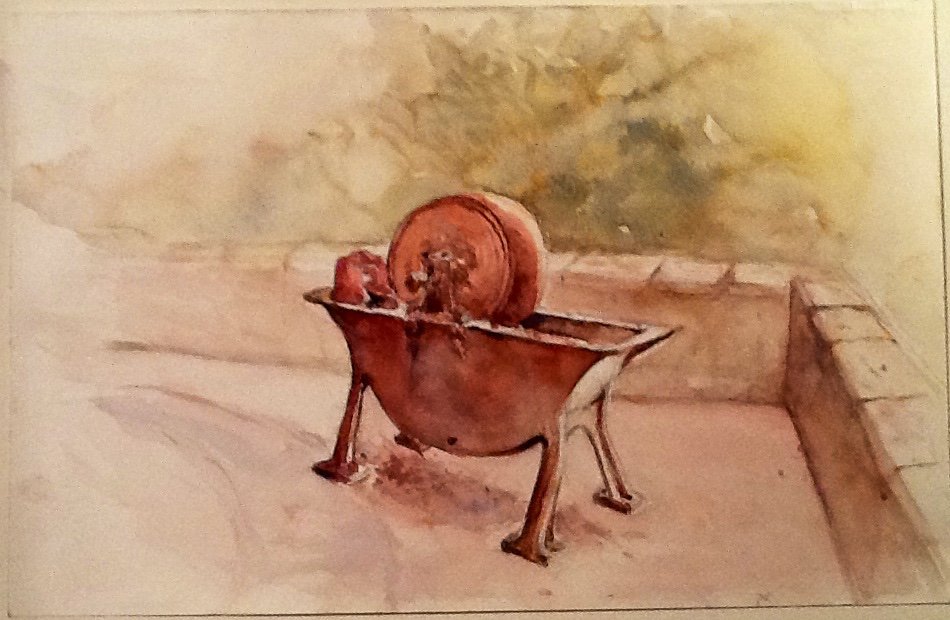 Watercolor of a small copper wheelbarrow holding a pumpkin, on a terrace