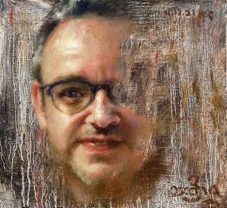 Portrait of Henri, with paint running down the canvas like rain