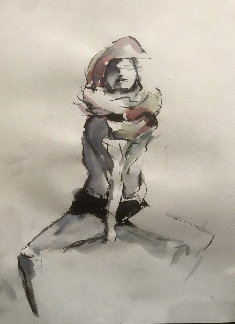 Ink and watercolor life study of a kneeling figure wrapped in a scarf