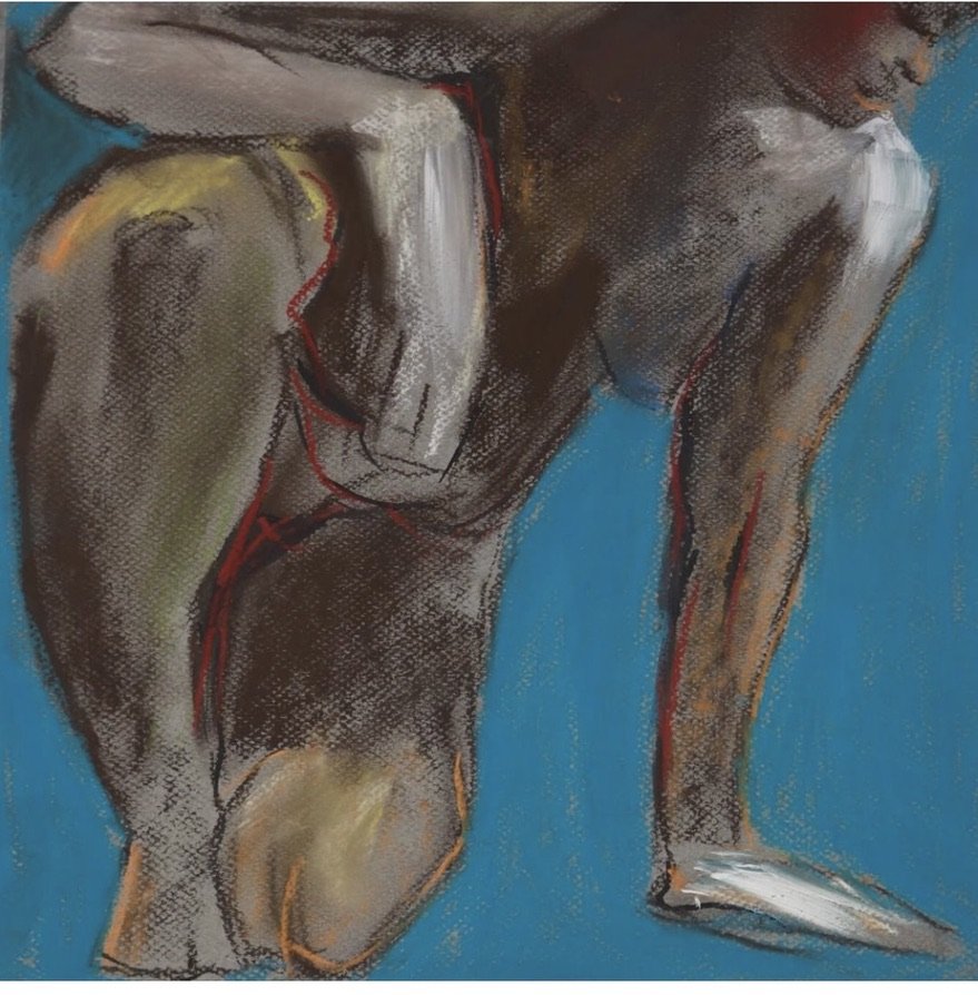 Pastel life study of a kneeling figure's legs, in warm tones against blue