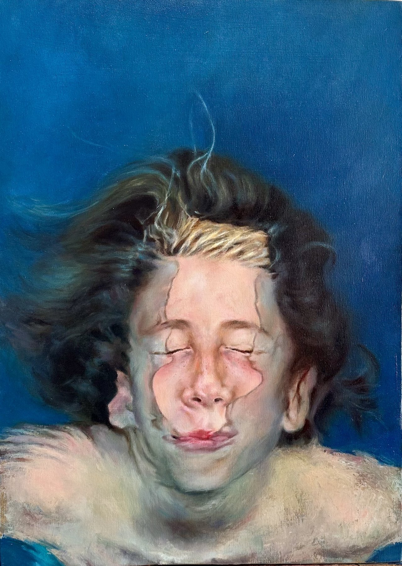 Underwater portrait with a split, seam-like distortion across the face