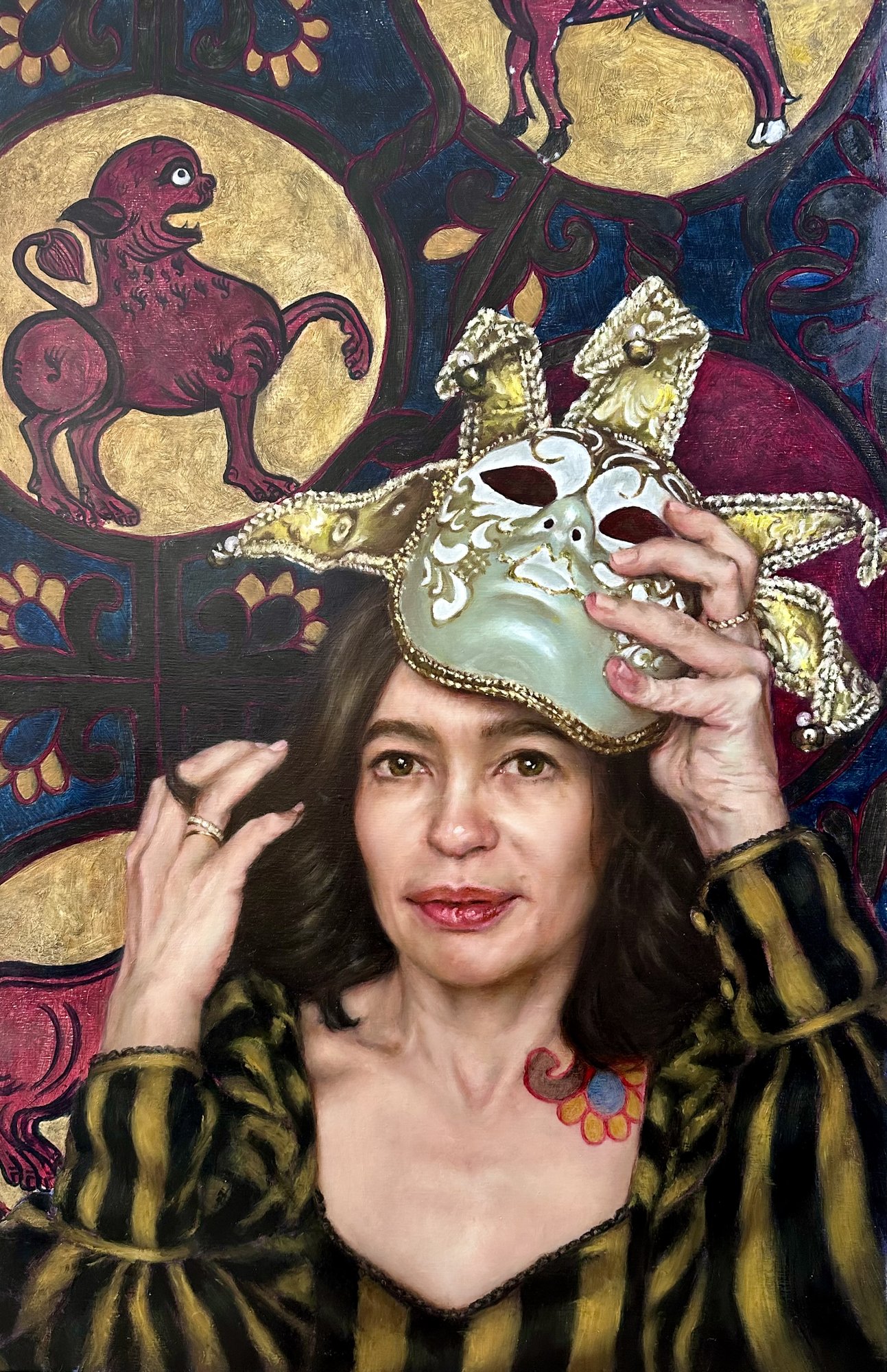 Painting of a woman lifting a Venetian mask from her face, against a medieval bestiary background
