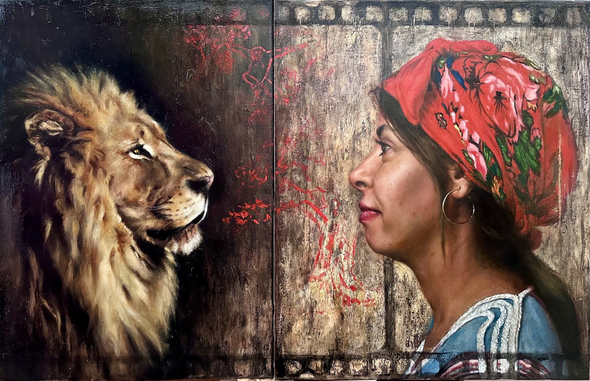 A woman in profile in a red headscarf facing a lion, on a weathered wood-panel ground