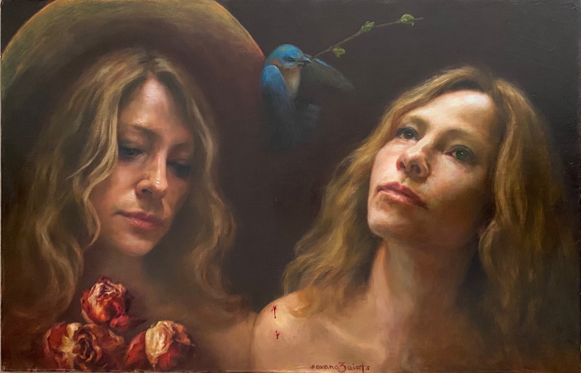 Painting titled Duality, showing two faces of the same woman with wilting roses and a bird