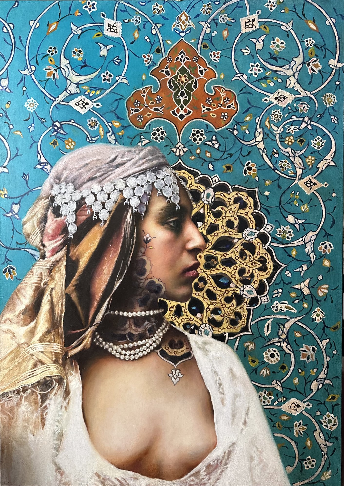 A woman in profile beside an ornate gold lattice, against a blue Persian tile pattern