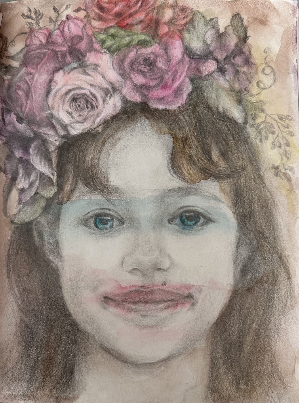 Colored pencil drawing of a young girl wearing a crown of roses